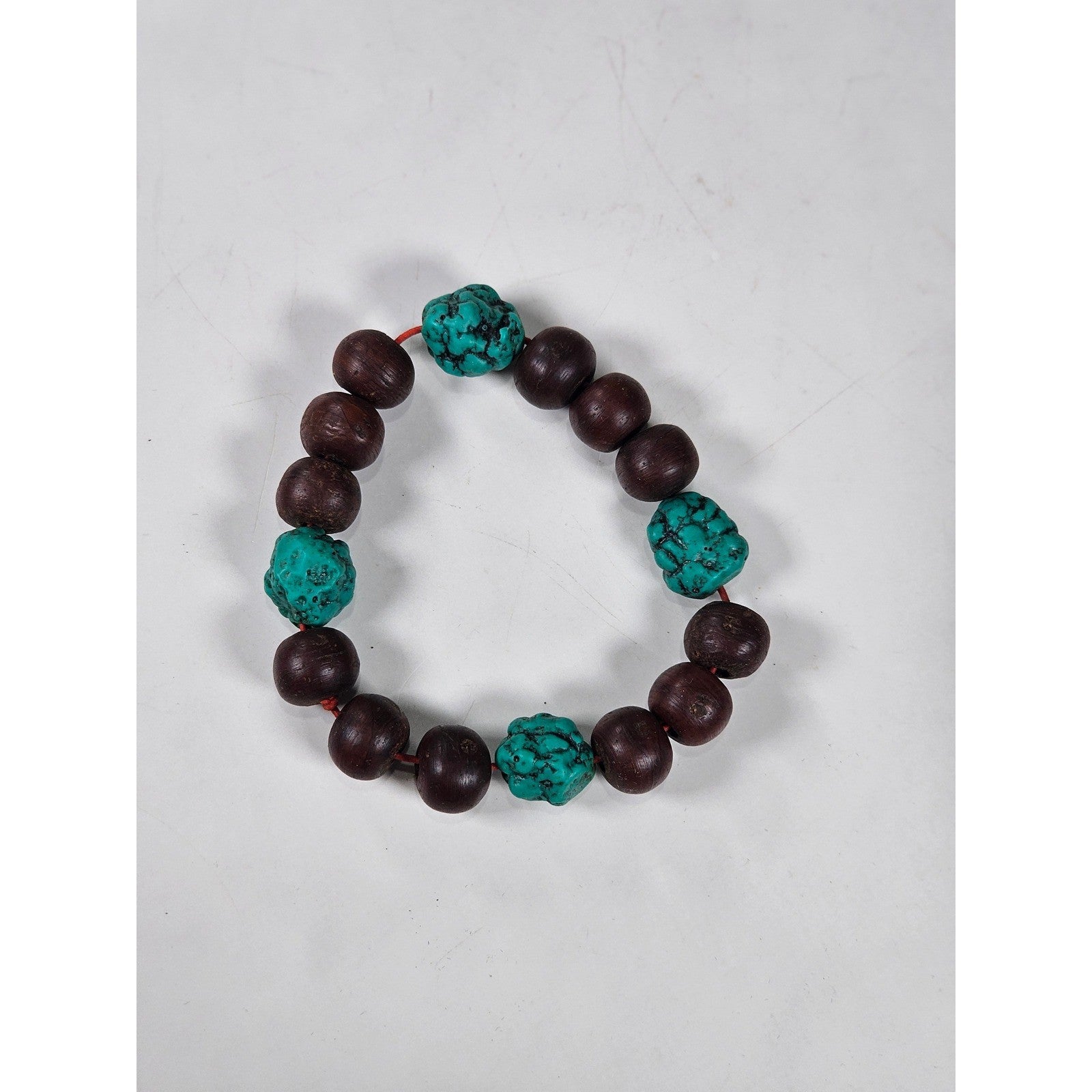 Vintage Wood & Turquoise Bead Stretch Bracelet Rustic Boho