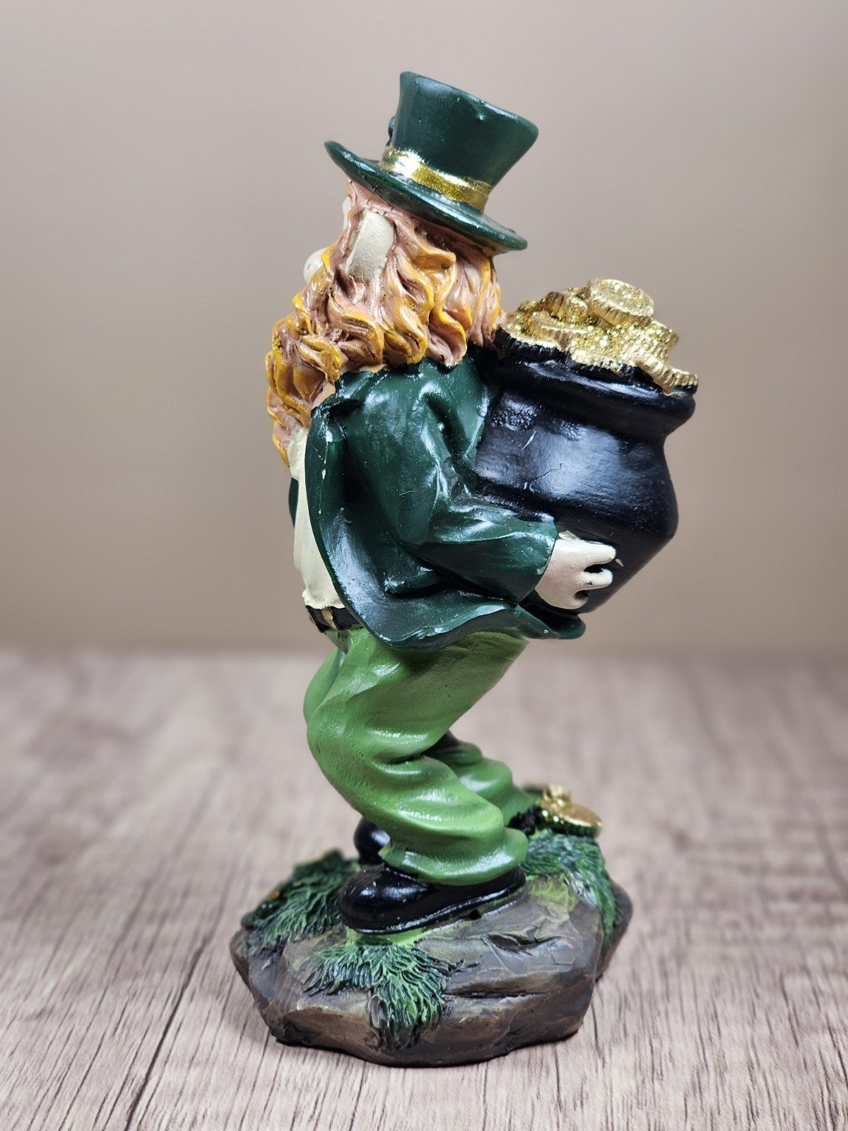 Saint Patricks Day Ceramic Leprechaun Figurine Holding Pot Of Gold Glittered