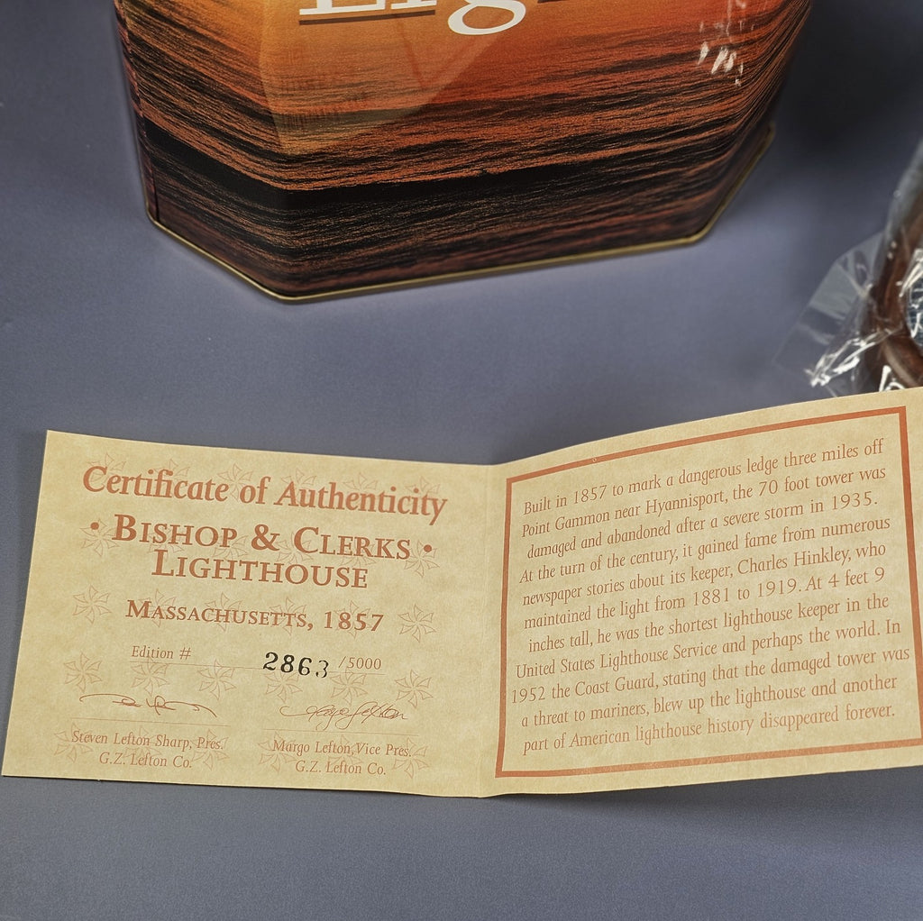 Lefton Lost Lights Bishop & Clerks MA 1857 Lighthouse Figurine With Tin & COA