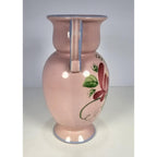 Vintage Pink Crackle Glaze Vase Blue Handles Floral Ceramic