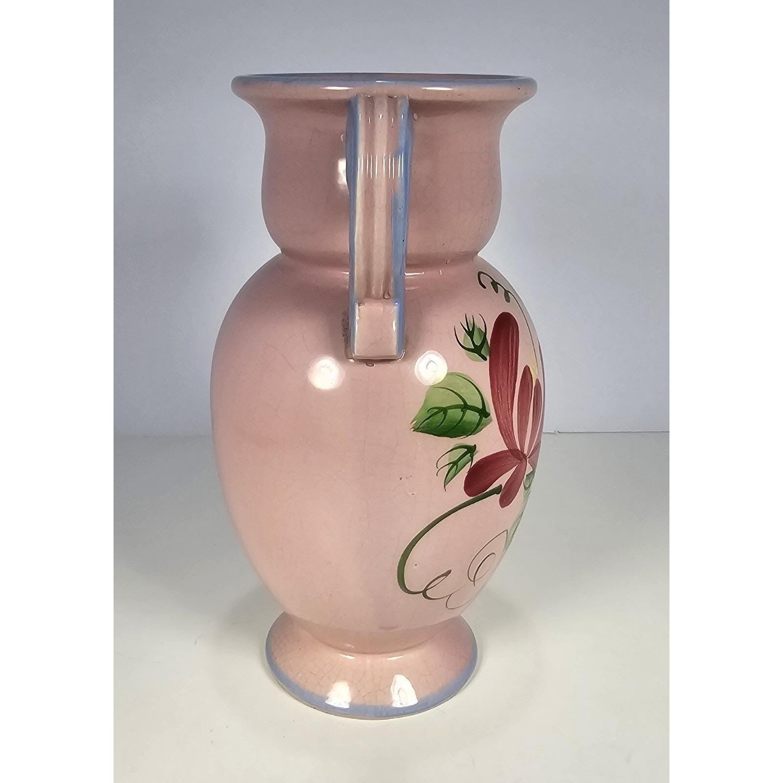 Vintage Pink Crackle Glaze Vase Blue Handles Floral Ceramic