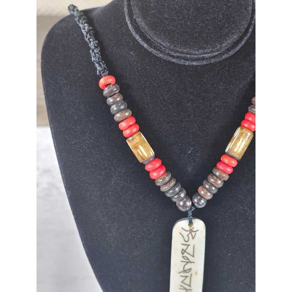 Vintage Tribal Script Pendant Necklace Wood & Red Beads