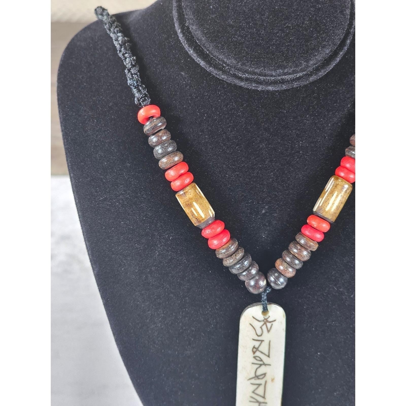Vintage Tribal Script Pendant Necklace Wood & Red Beads
