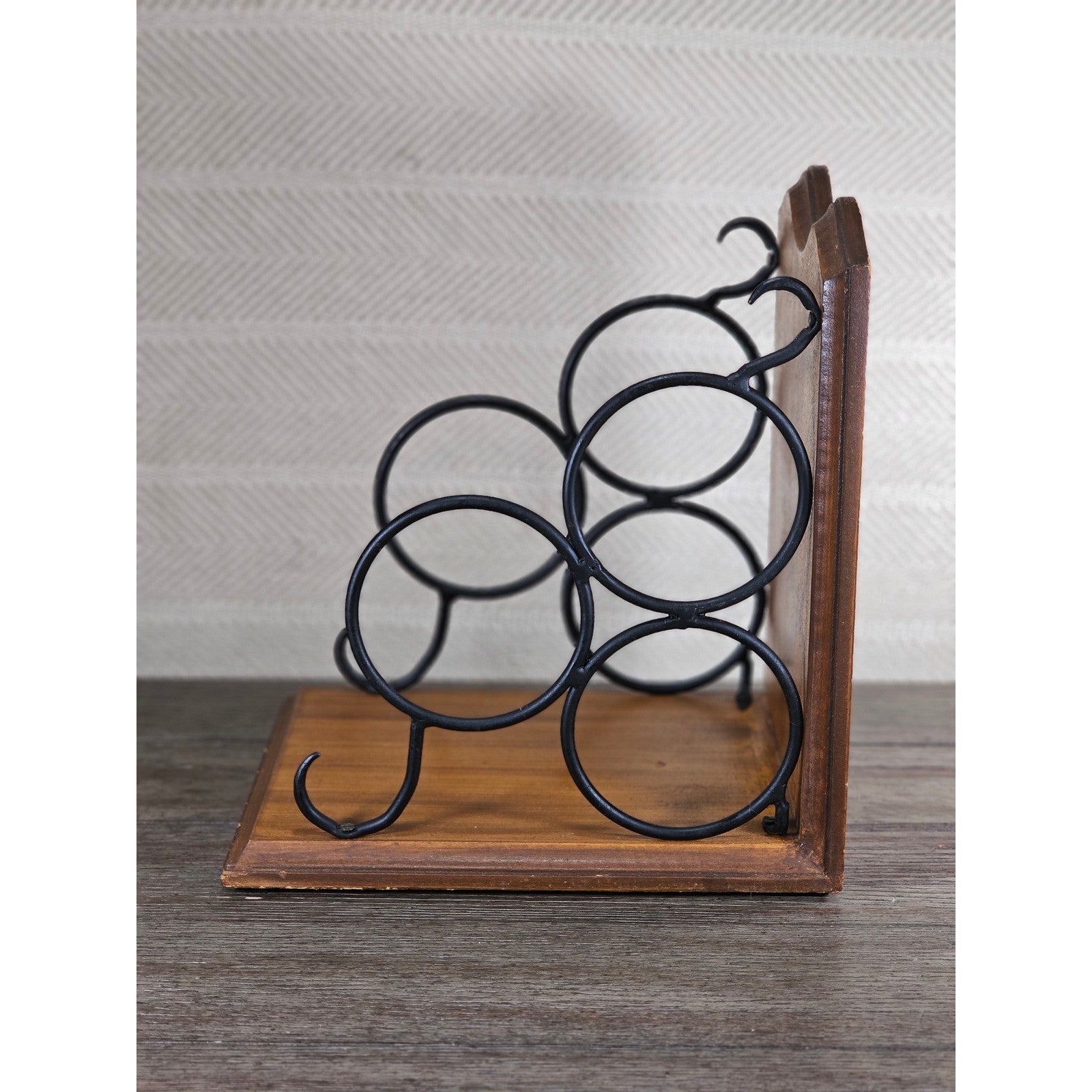 Vintage Countertop Wine Bottle Rack | Wood & Black Metal | Holds 3 Bottles