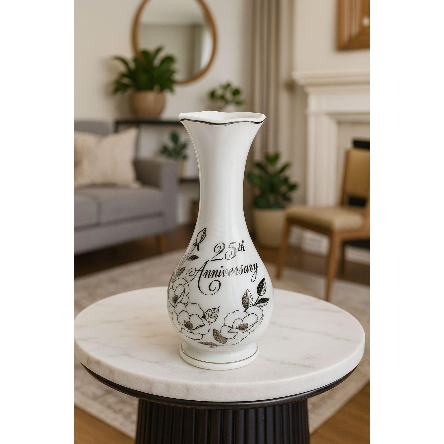 Vintage 25th Anniversary Porcelain Bud Vase with Silver Trim Floral Design