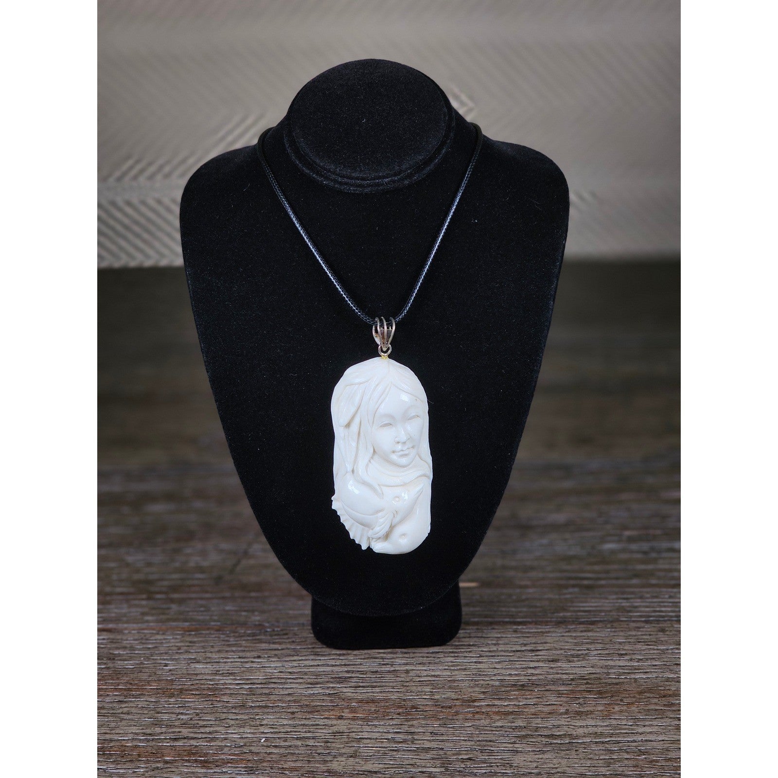 Vintage Buffalo Bone Carved Woman Pendant Necklace 2.5 x 1 Inch