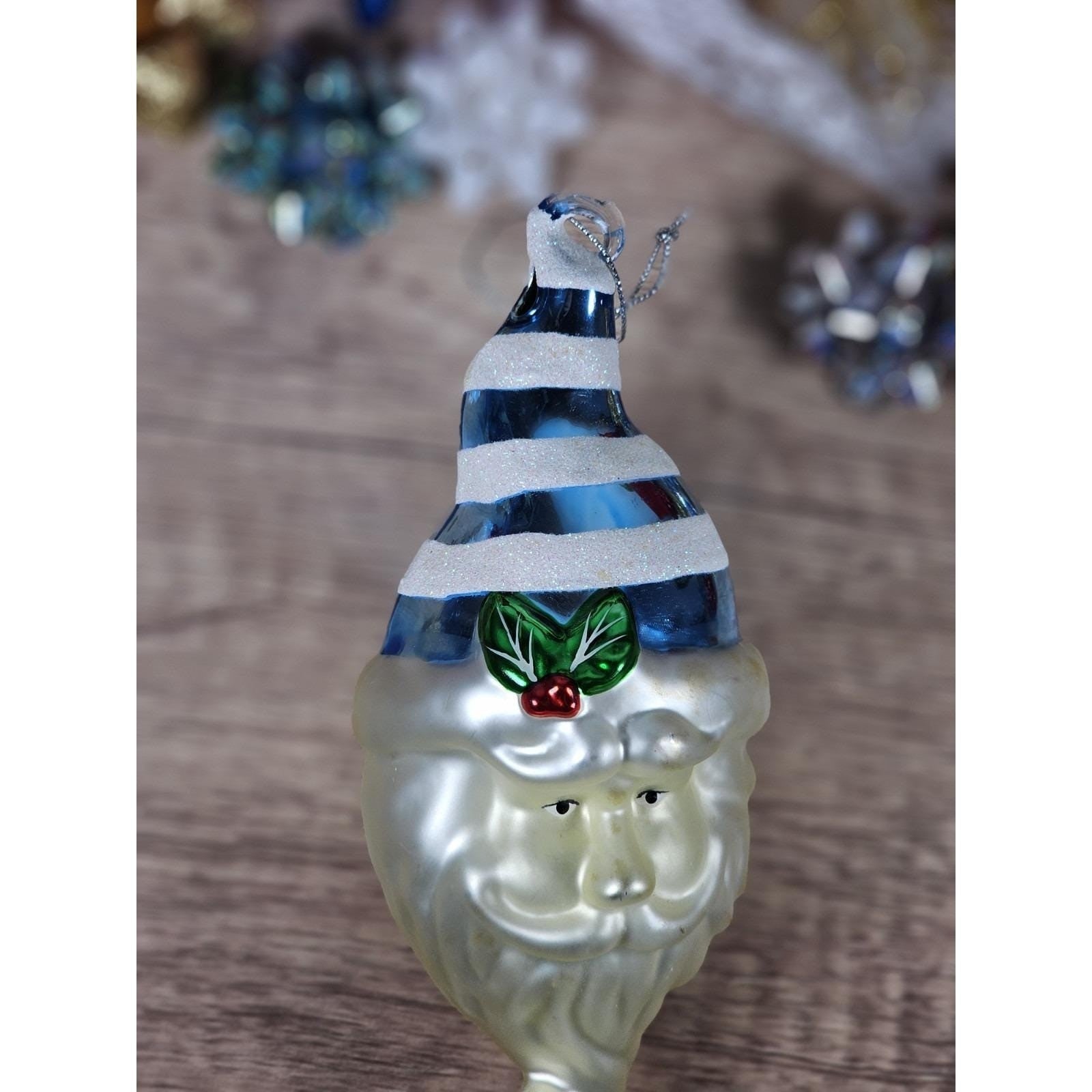 Vintage Handblown Glass Santa Ornament 7 Inch Blue Hat 1970s