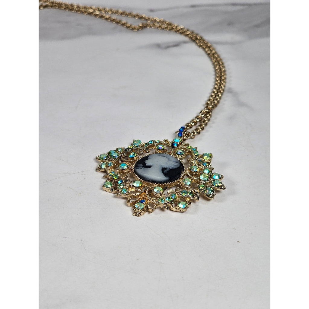 Vintage Cameo Pendant Necklace Gold Tone Aurora Borealis Rhinestones