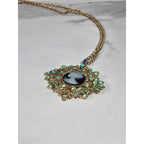 Vintage Cameo Pendant Necklace Gold Tone Aurora Borealis Rhinestones