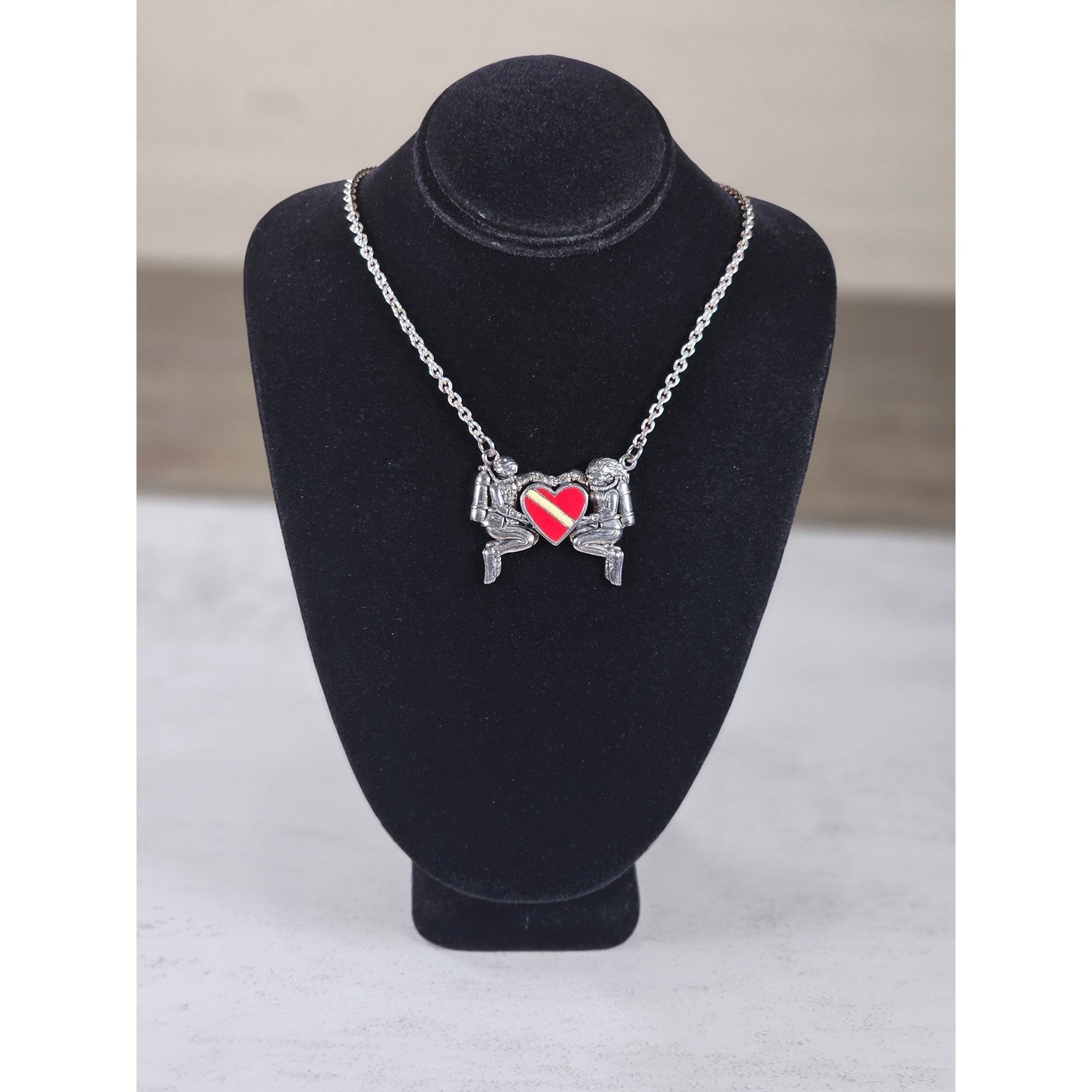 Vintage Sterling Silver Diver Heart Necklace Red Enamel Pendant
