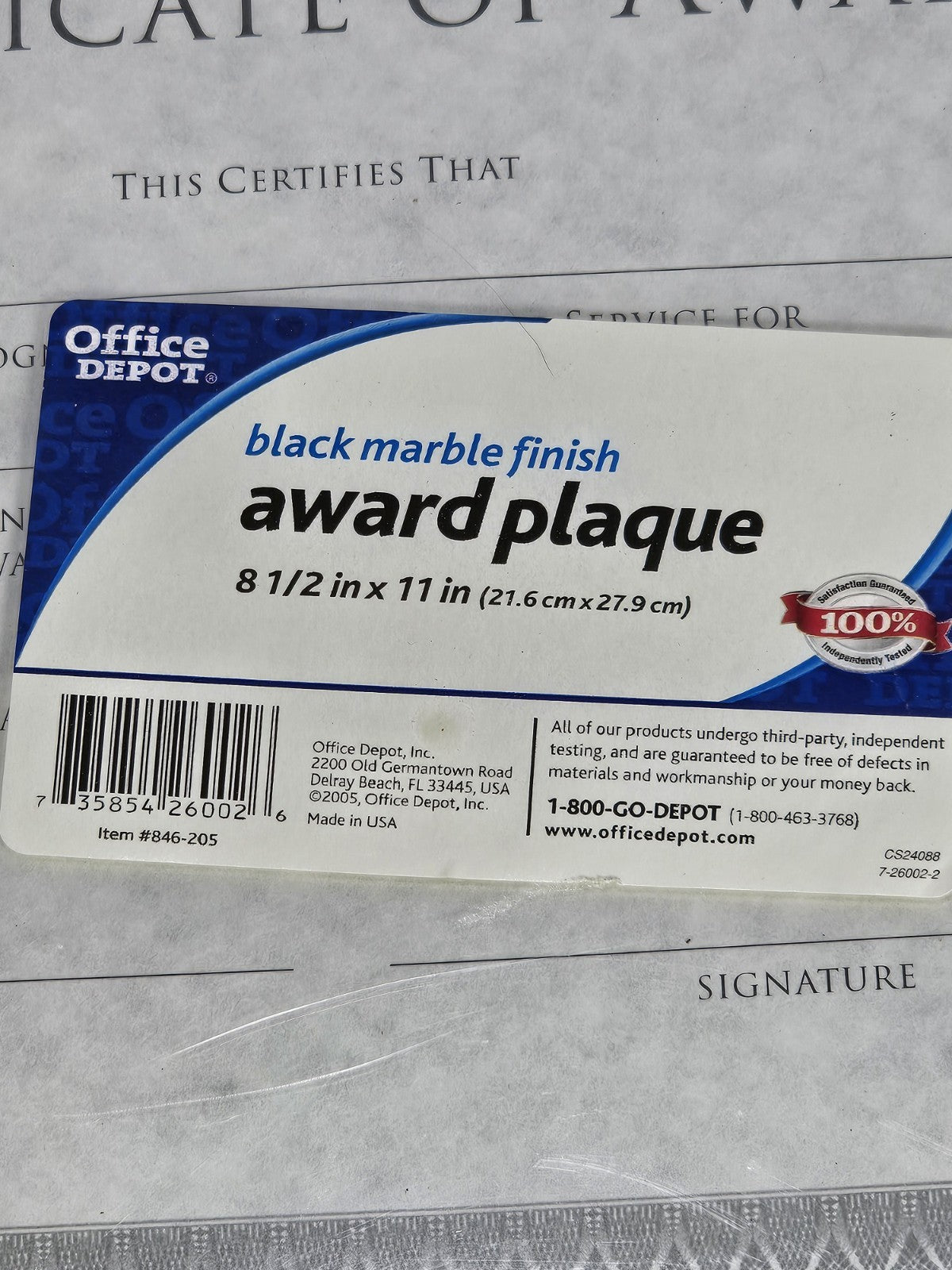 Office Depot Award Black Marble Finish Plaque 8.5in X 11in  Brand New
