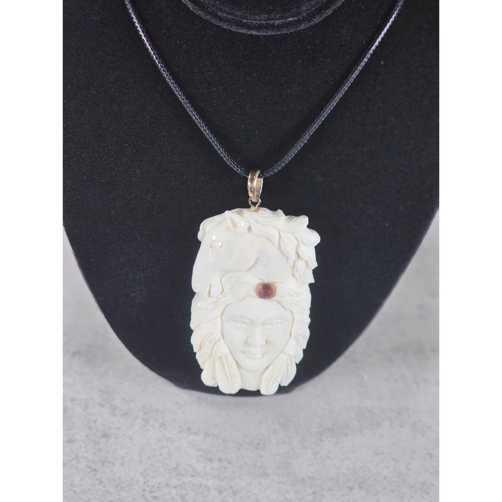 Vintage Hand Carved Natural Material Horse Female Portrait Pendant