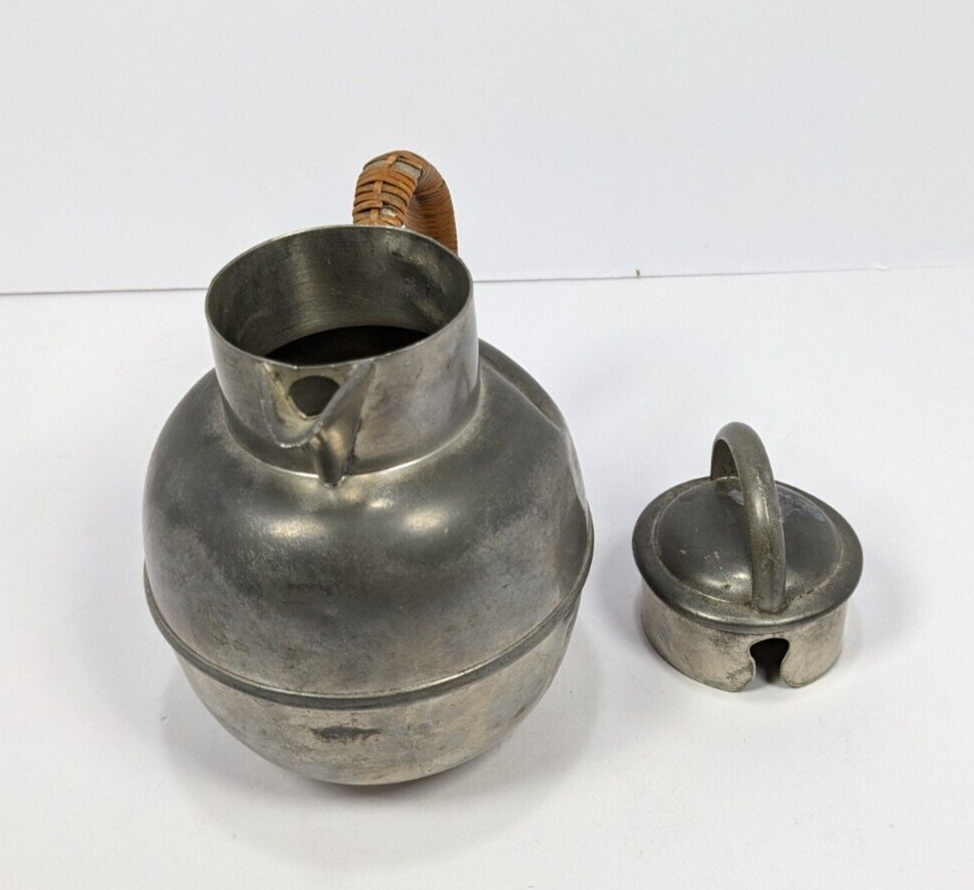 Vintage Rogers Solid Pewter Coffee Pot – Mid-Century Rattan-Handled #1172