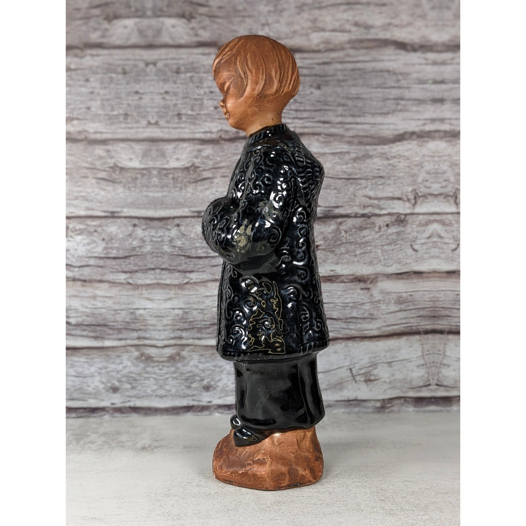 Vintage Ceramic Child Figurine Black Embossed Coat 9.5 Inch Statue