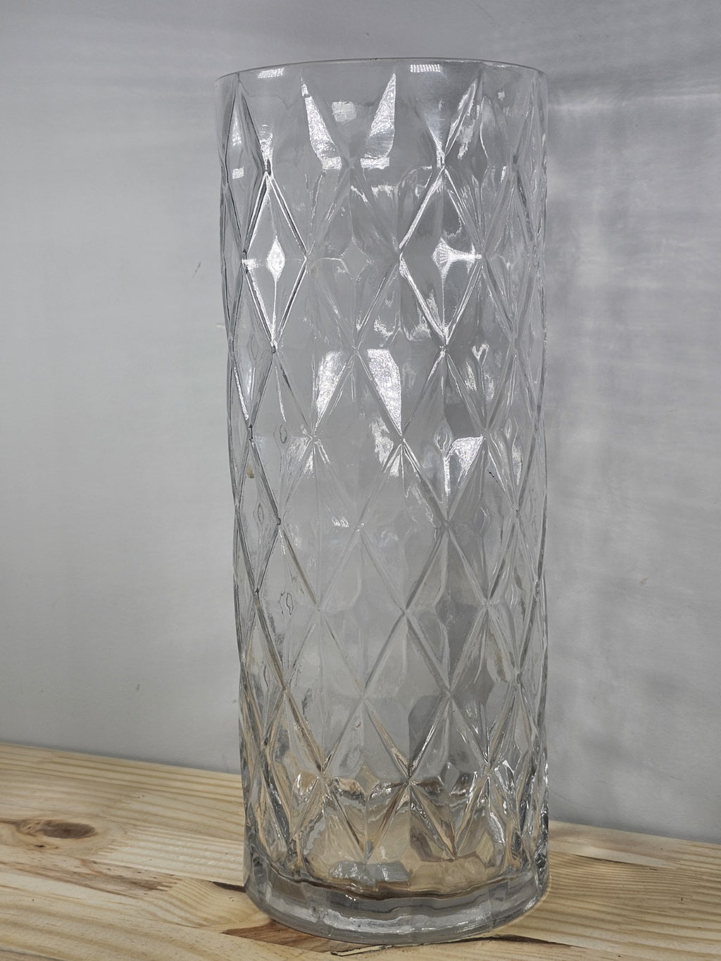 12" Glass Diamond-Cut Cylinder Vase – Vintage Clear Textured Centerpiece