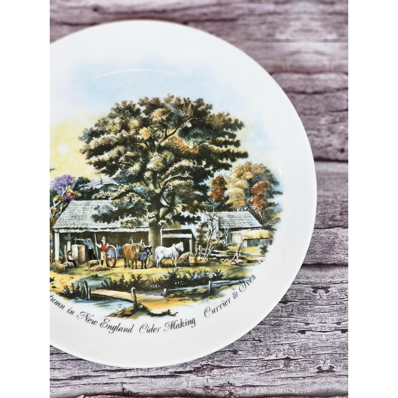 Vintage Currier & Ives Autumn Rural Scene Plate 6.5" Horse Barn Art