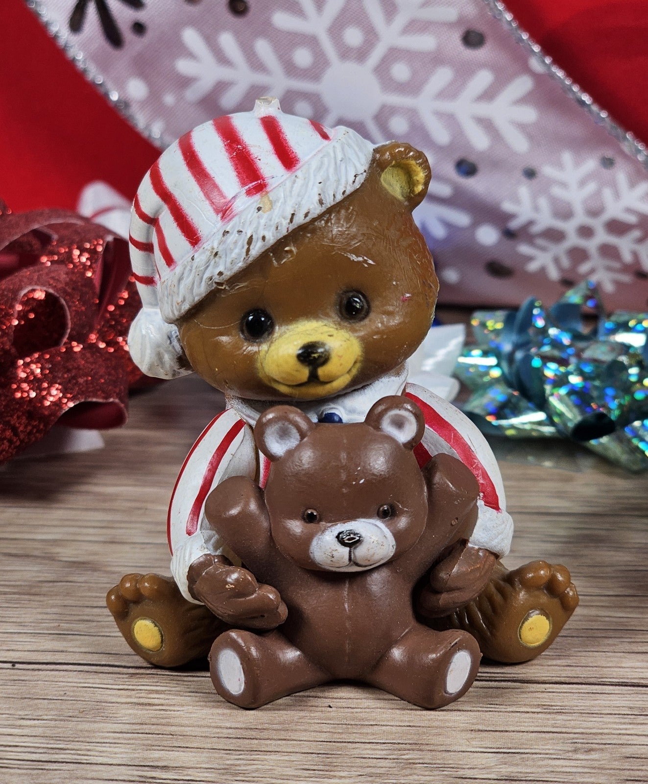 Vintage Candy Cane Pajama Bear Ornament Figurine 2.5″ Resin Holiday Decor