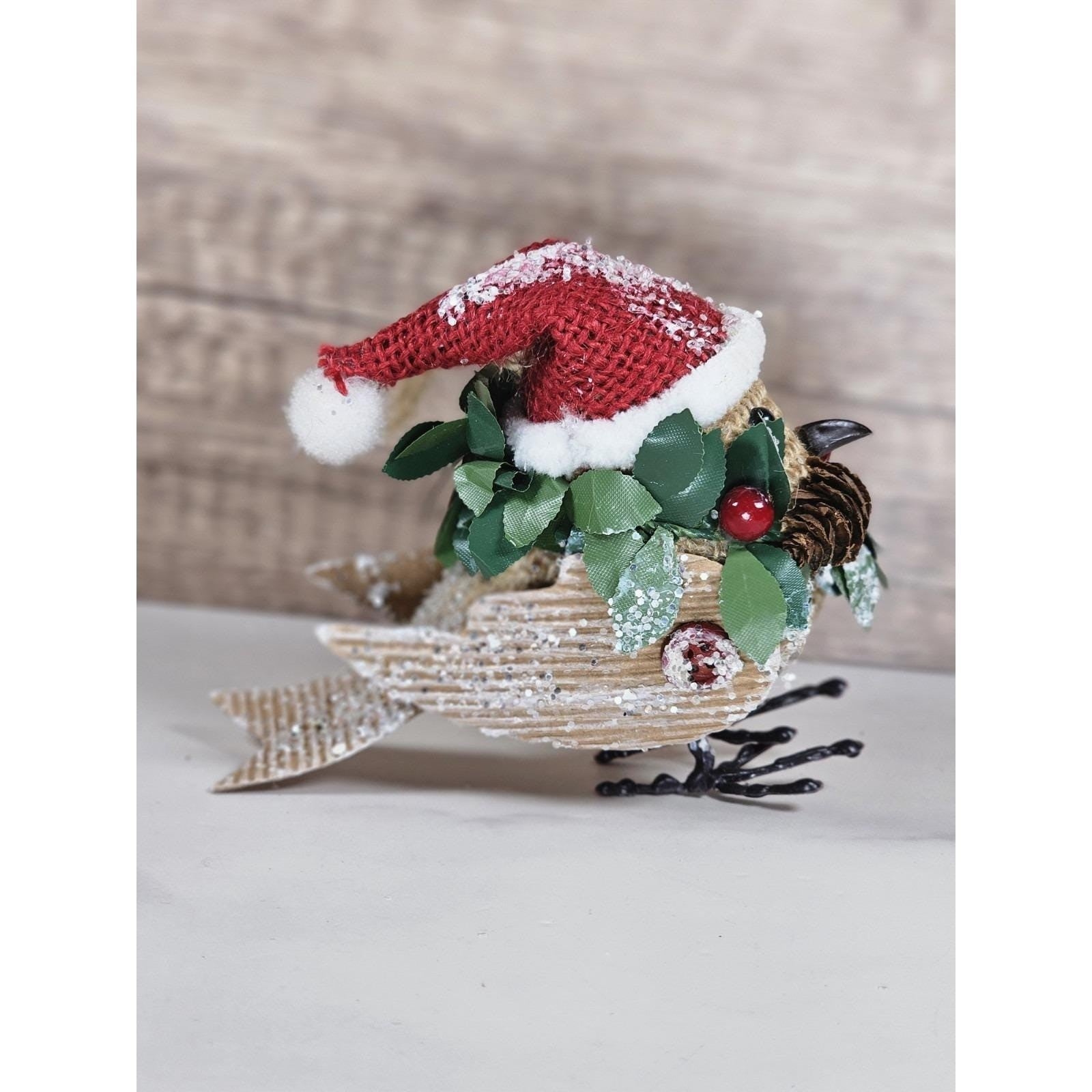 Set of 6 Burlap Bird Ornaments with Santa Hats Rustic Christmas Decor