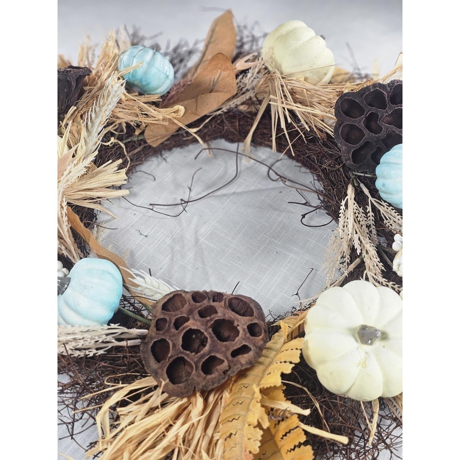 Rustic Fall Harvest Wreath With Pumpkins, Berries, Leaves Seasonal Decor