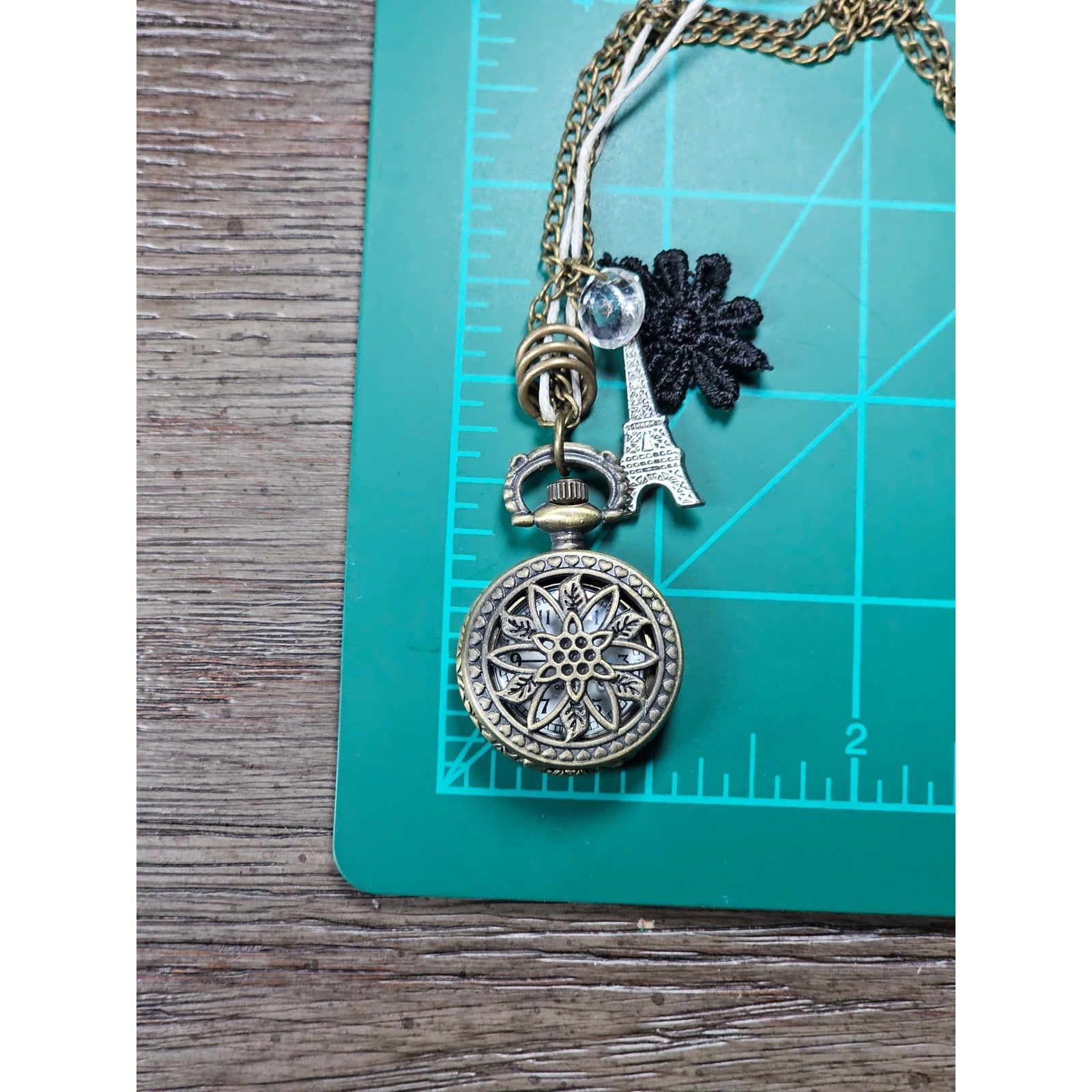 Vintage Pocket Watch Necklace Eiffel Tower Charm Unisex Statement Jewelry