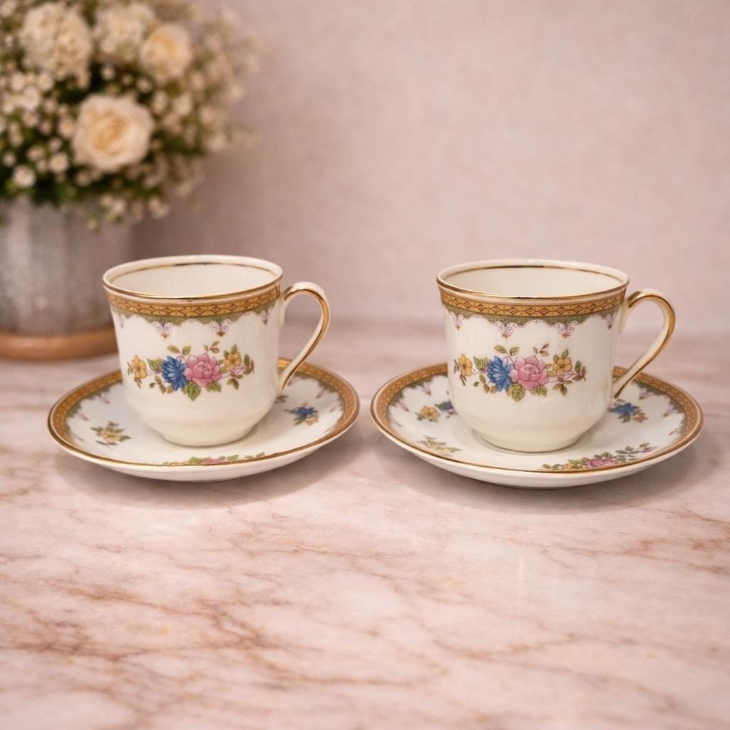 Pope Gosser Teacup and Saucer Set Gold Trim Vintage Set of 2
