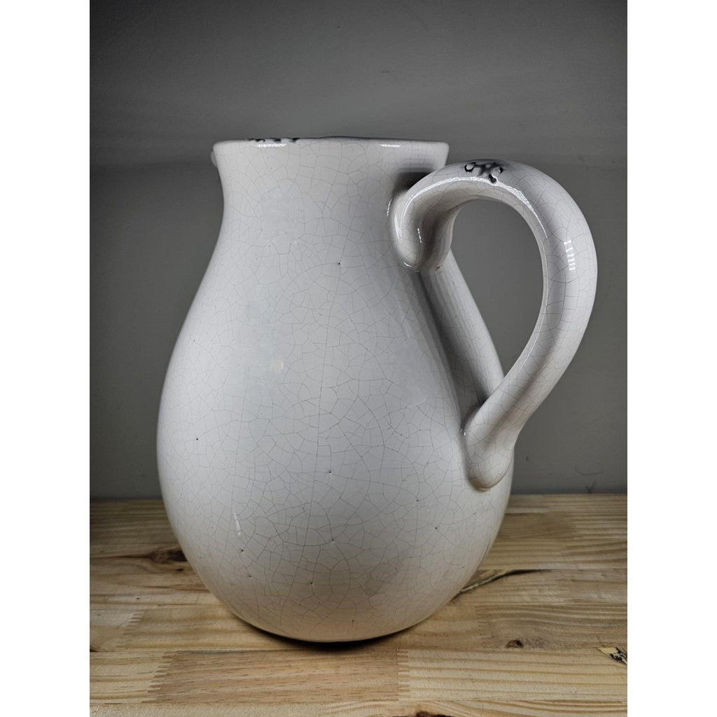 White Crackle Ceramic Pitcher Rustic Farmhouse Decor 10 Inch