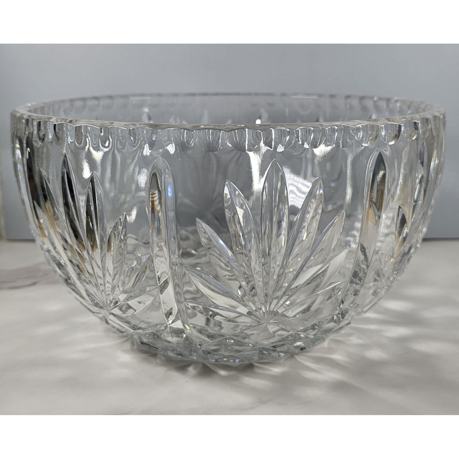 Vintage Cut Crystal Glass Bowl Starburst Pattern Scalloped Rim