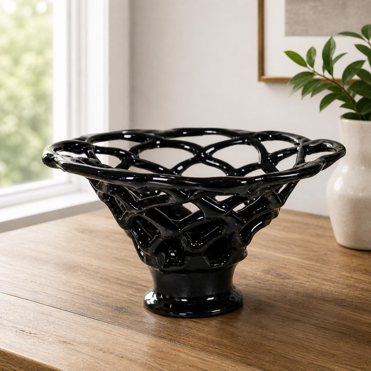 Vintage Black Art Glass Basket Weave Vase, Openwork Sculptural Decor
