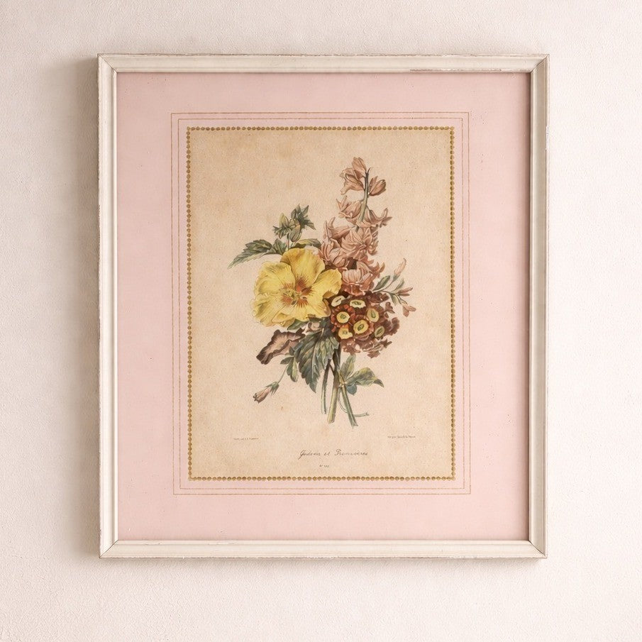 Vintage Framed Floral Botanical Print Pink Mat Cottage Wall Art 16.5 x 14.5