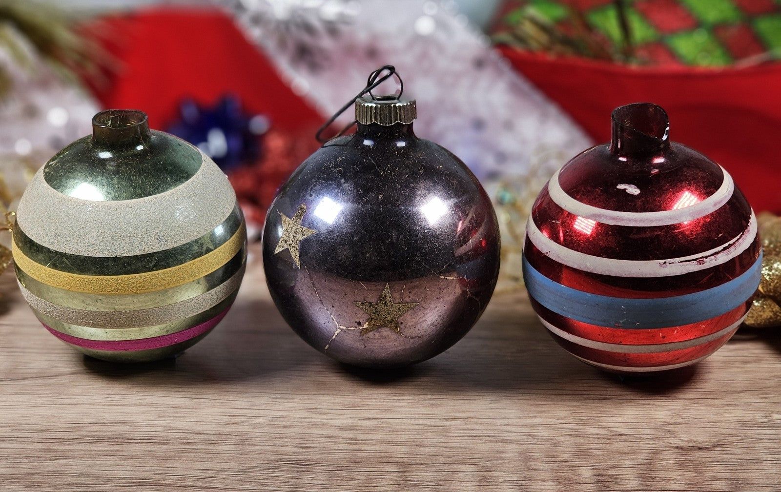 Set of 3 70s Vgt Hand Blown Glass Christmas Ornaments Strips and Stars