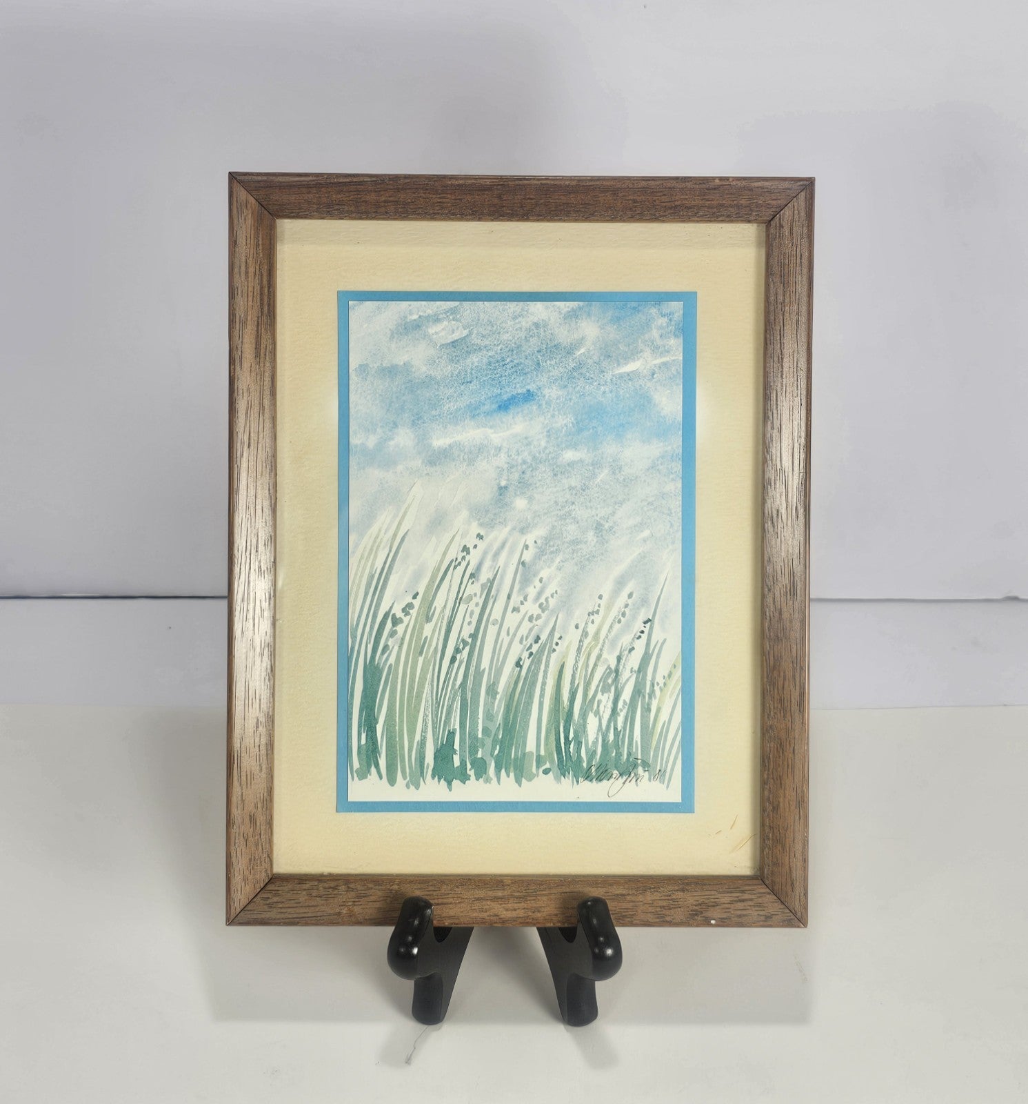 Vintage Signed Watercolor Painting Tall Grass Landscape Framed 8.75×7″