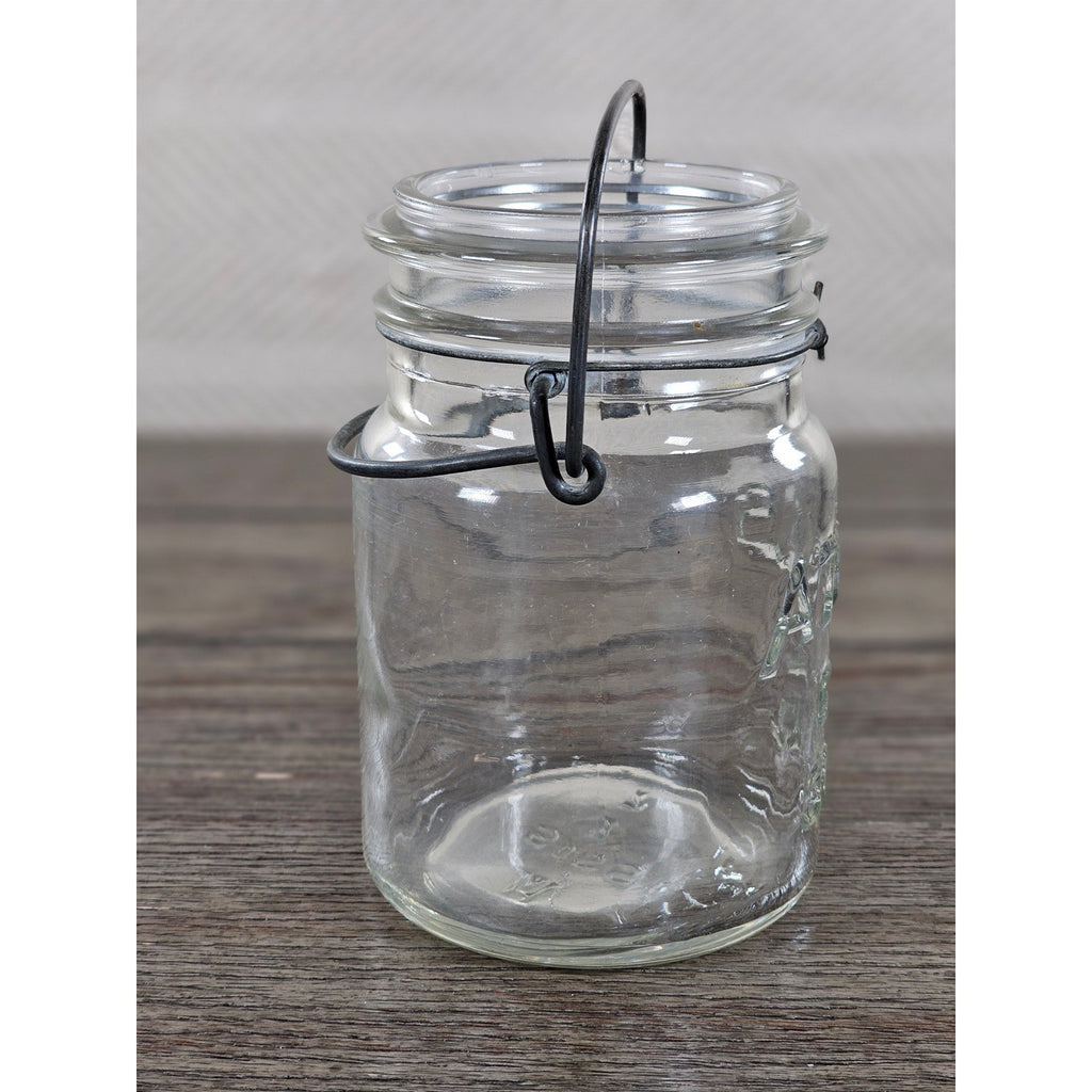 Vintage Atlas E-Z Seal Glass Jar Wire Bail Lid 5x3 Clear Embossed