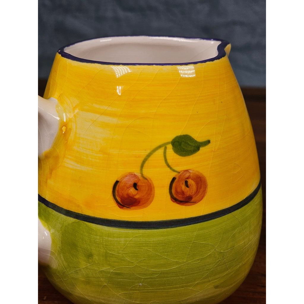 Vintage Ceramic Small Cherry Pitcher Yellow Green Hand Painted Country Kitchen
