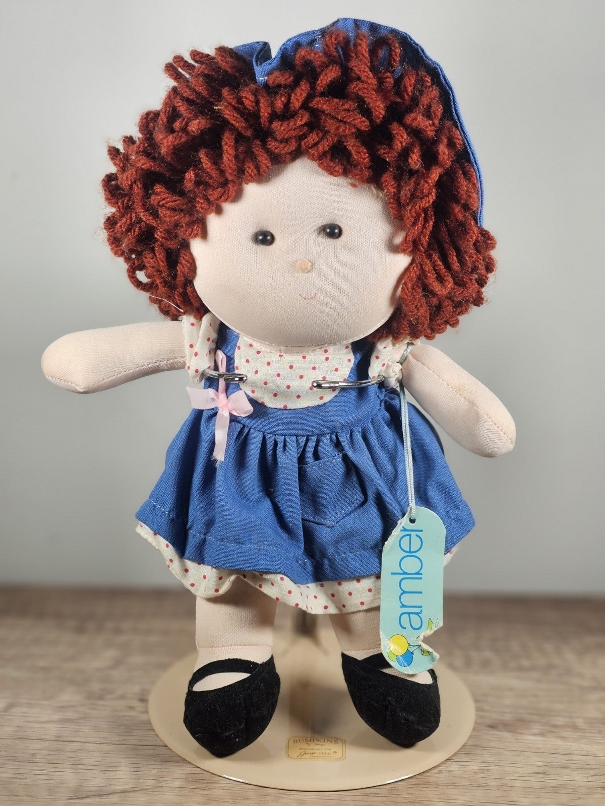 Vintage Russ Berrie "Amber" 1980s Cloth Doll With Original Hang Tag & Stand Polk