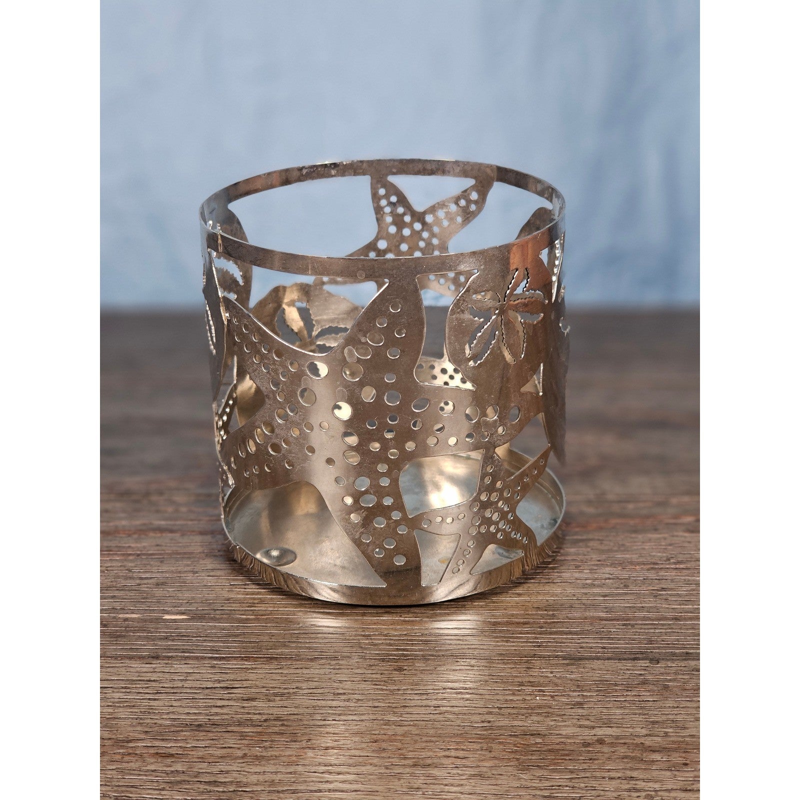 Coastal Metal Candle Holder with Starfish & Sand Dollar Cutouts 4x4