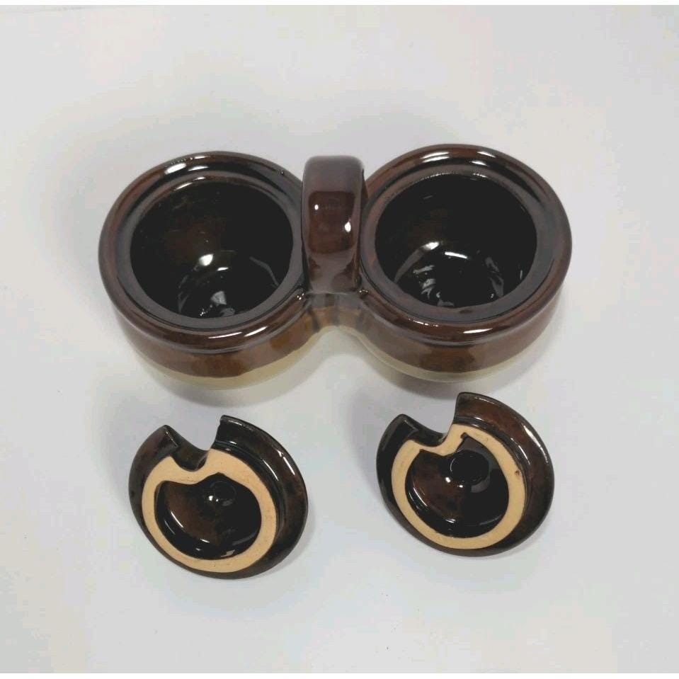 Vintage Jam Server Double Pot Brown Ceramic Lidded Condiment