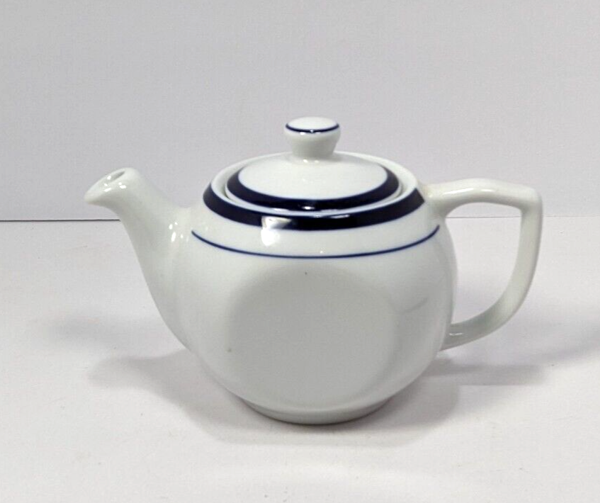 Lubiana Small Polish  Blue Trim Ceramic Stoneware Teapot Made In Poland