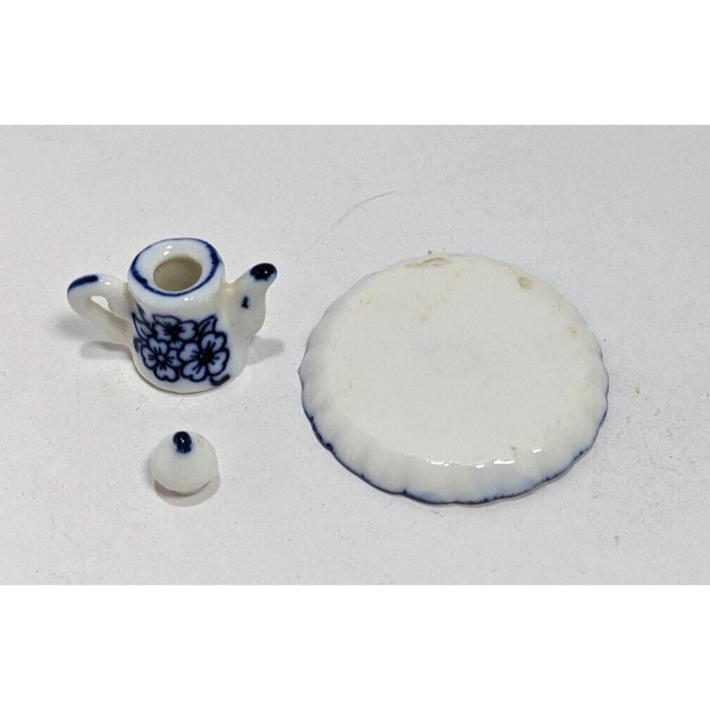 Dollhouse Miniature Coffee Set Blue White Ceramic 1:12 with Stand