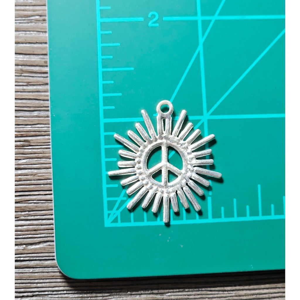 Vintage Peace Sign Sunburst Pendant Silver Tone Charm