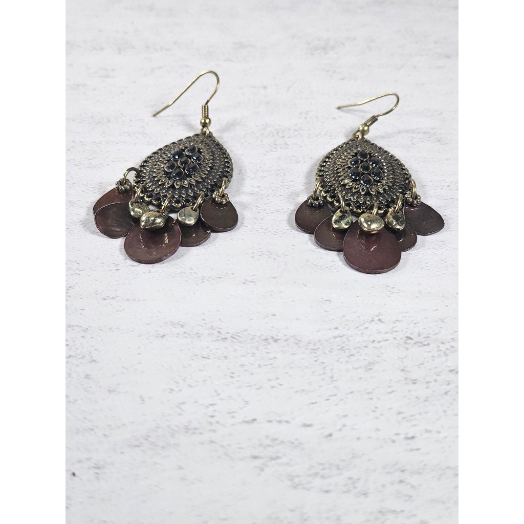 Boho Antique Gold Filigree Teardrop Chandelier Earrings Plum Shell Dangle Charms