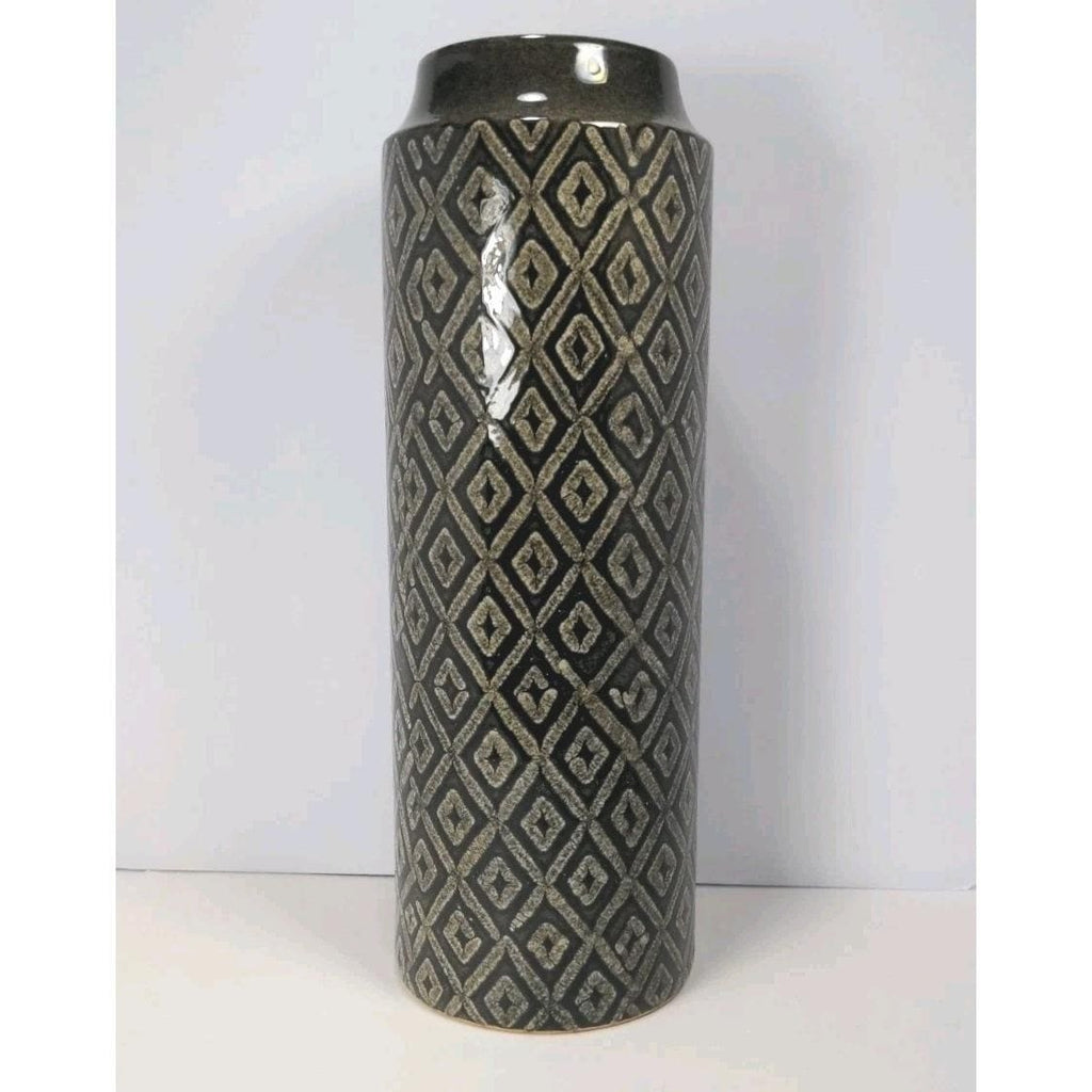 Vintage Black White Diamond Glass Vase Tall 15.6" Geometric Pattern