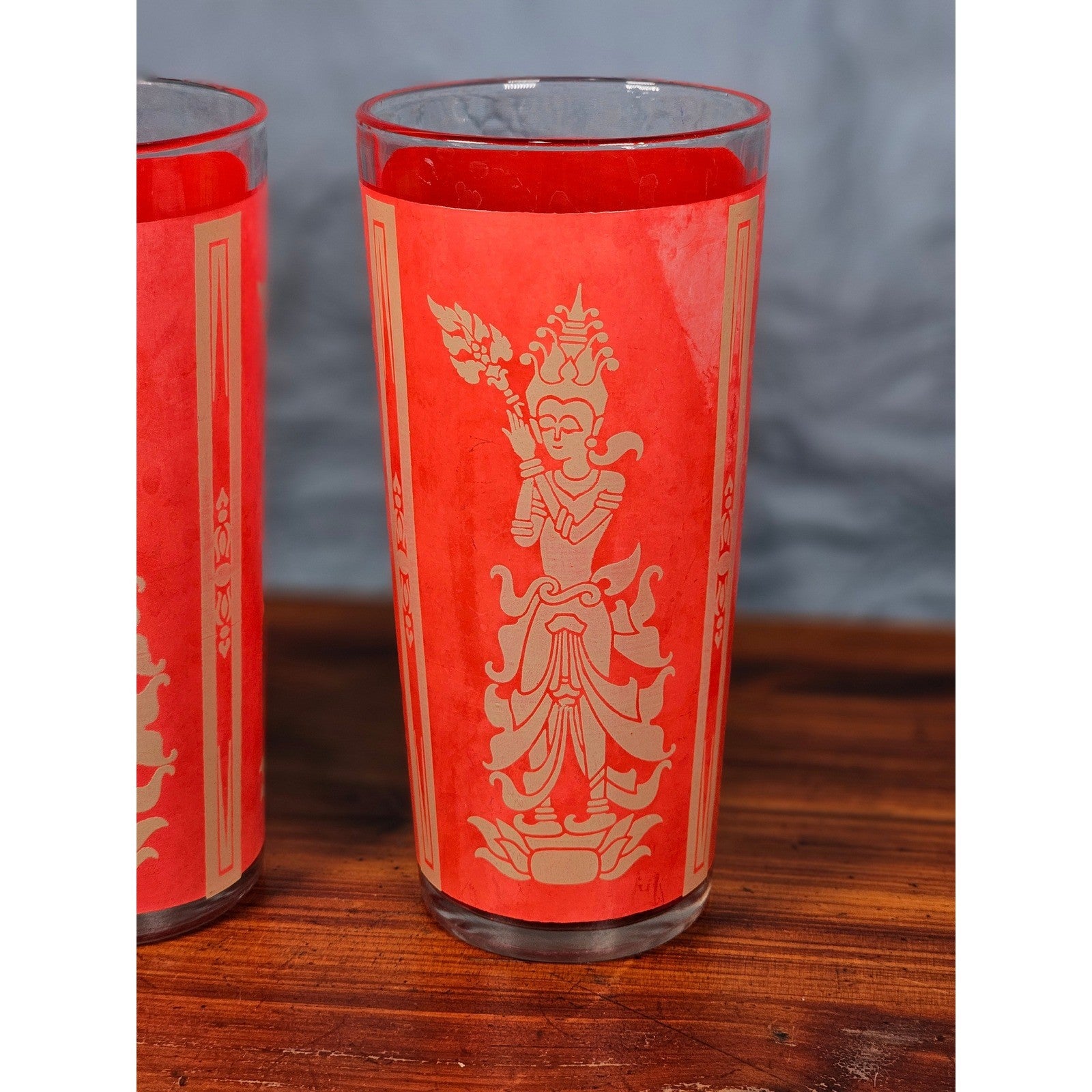 Vintage Red Asian Dancer Gold Glasses Set of 2 Tall Drinking Tumblers