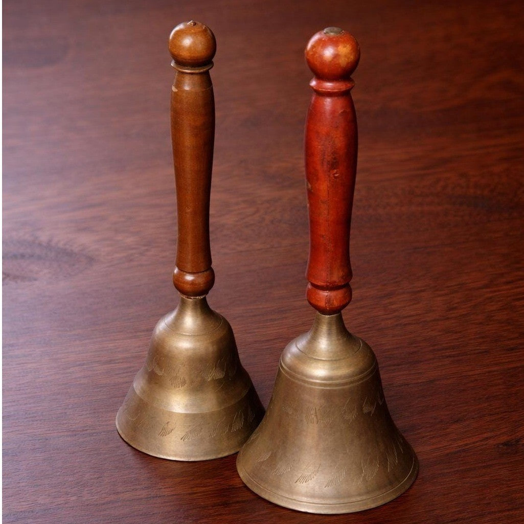 Vintage Brass Wood Bells Set of 2 Etched Decorative Rustic Bells