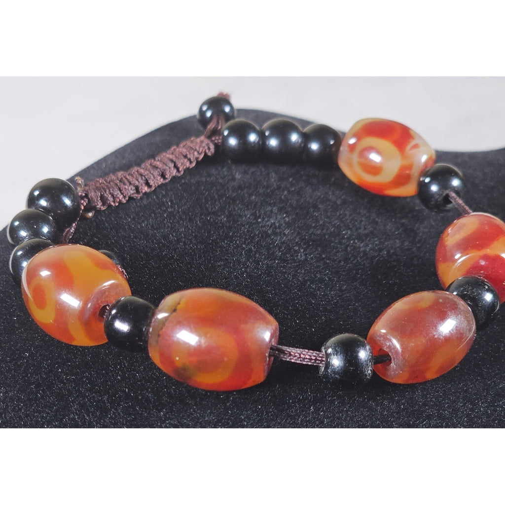 Red Orange Agate Style Beaded Bracelet Adjustable Cord Black Beads