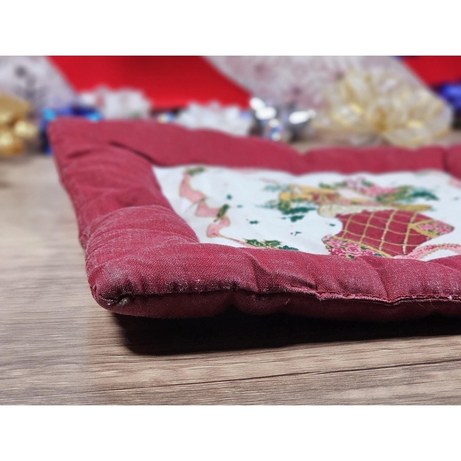 Handmade Quilted Bear Ornament Stocking Burgundy Christmas Decor