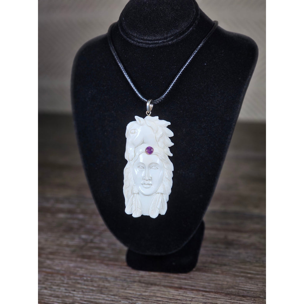 Carved Buffalo Bone Pendant Woman & Horse Motif 3x1 Inch Statement Necklace