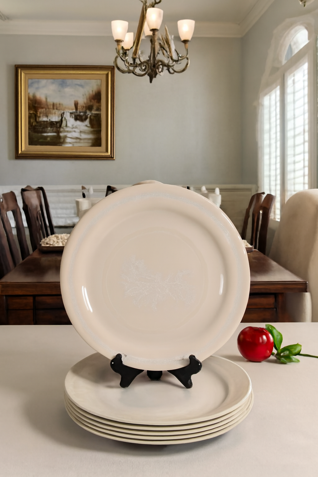 Vintage Corelle “Victorian Lace” Set of 6 Dinner Plates White‑on‑Beige Floral Pa