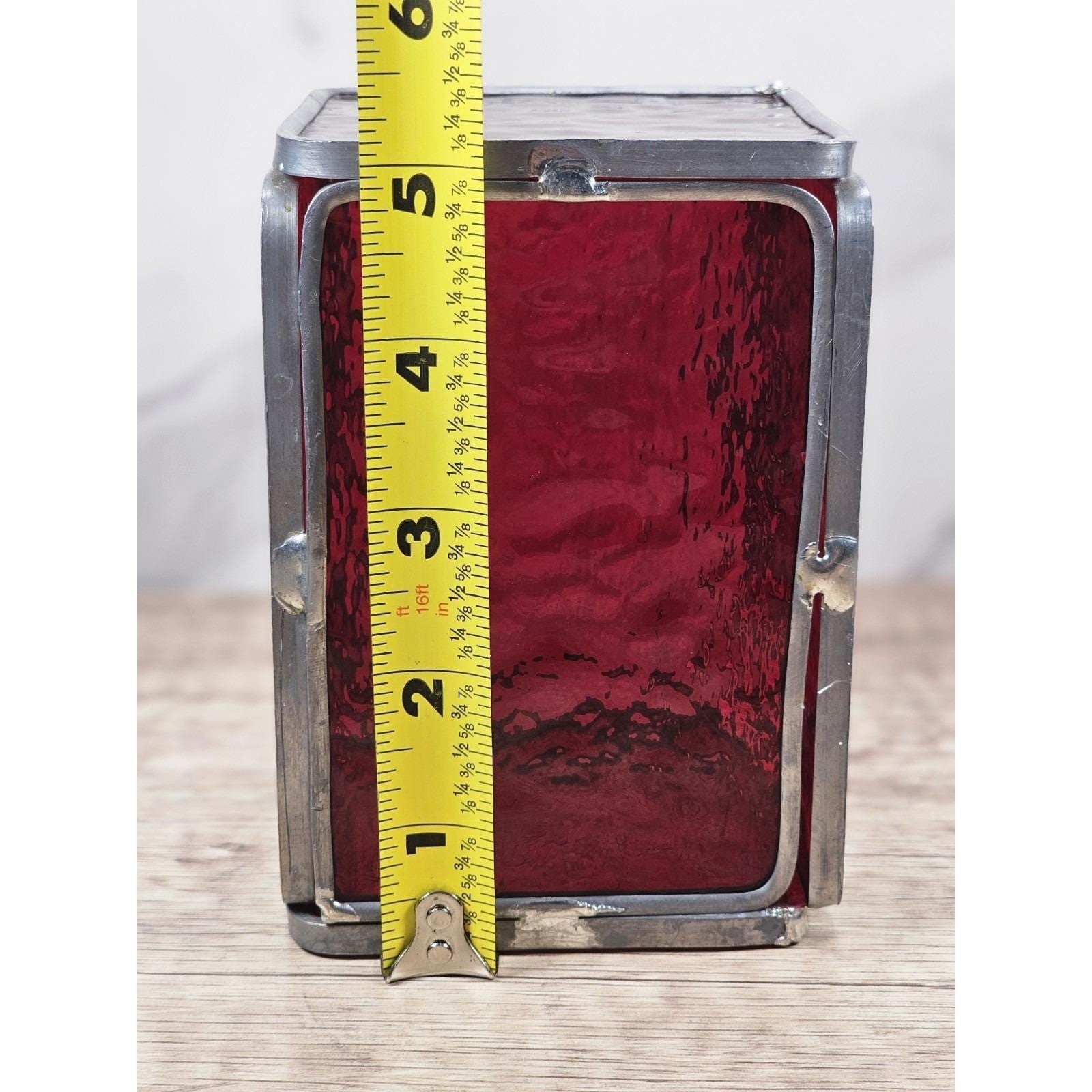 Vintage Red Stained Glass Cube Decor Metal Frame Textured Panels