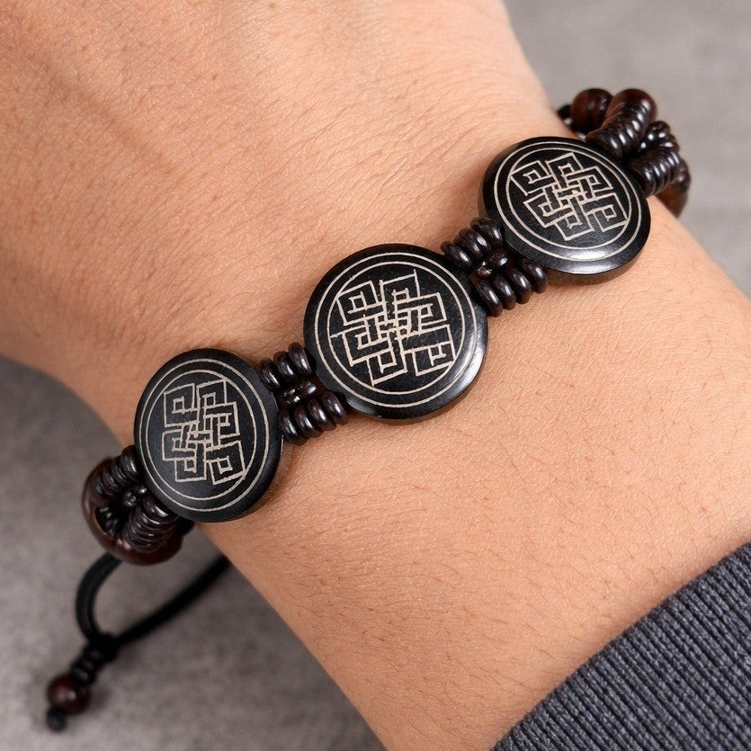 Vintage Carved Wood Symbol Bracelet Adjustable Cord Beaded