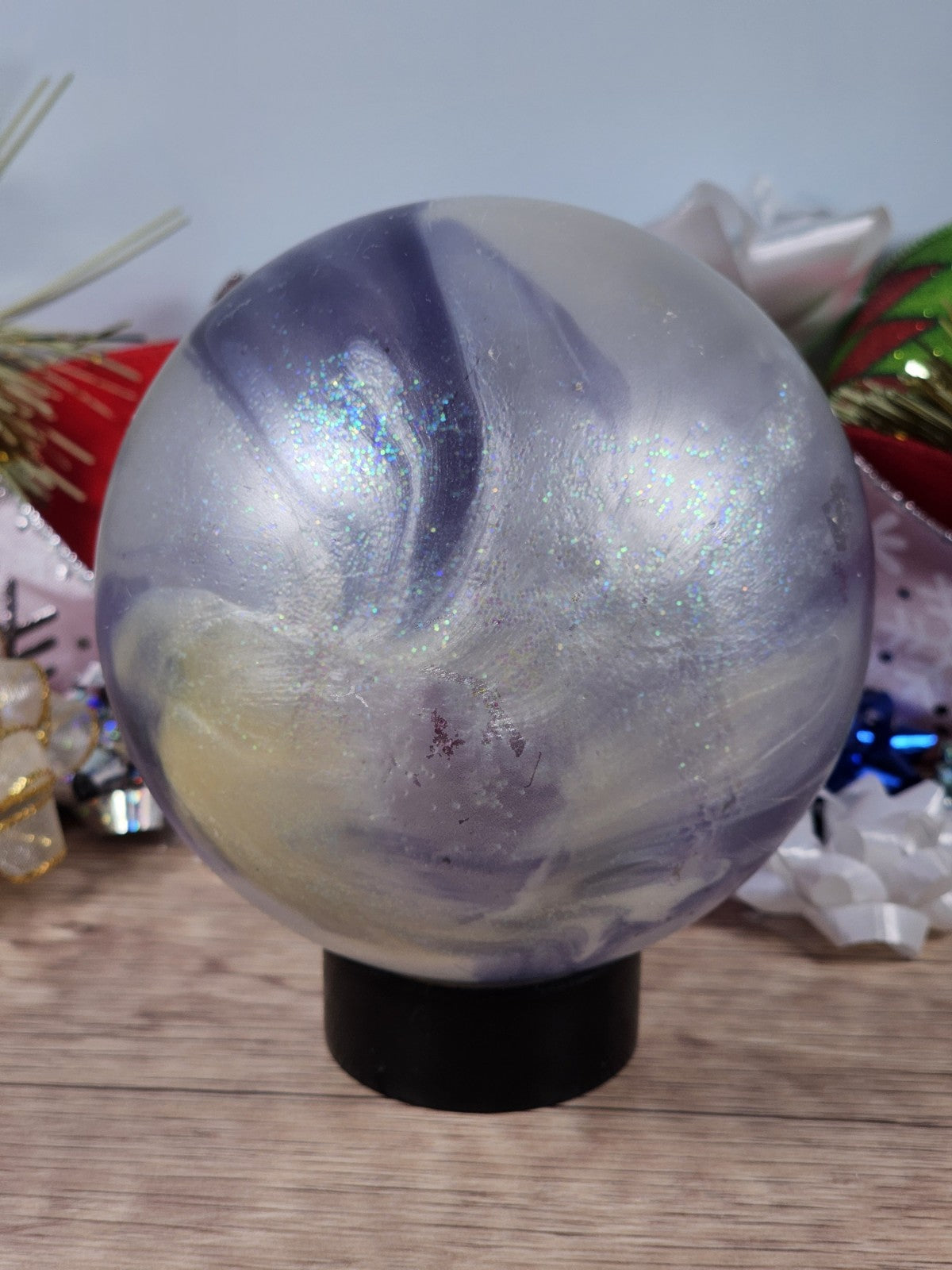 2 - 80s Vgt Blown Glass Purple Blue White Iridescent Marbled Christmas Ornament